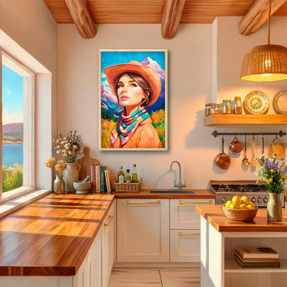Feminine cowgirl desert artwork displayed in rustic kitchen with wood accents, southwestern style wall decor