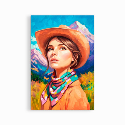 Cowgirl portrait canvas print on white background featuring colorful western desert artwork