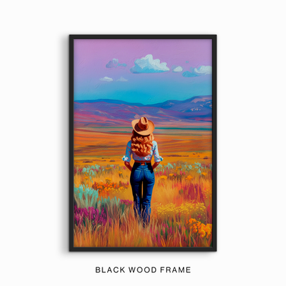 Colorful desert cowgirl wall art print displayed in a black frame.