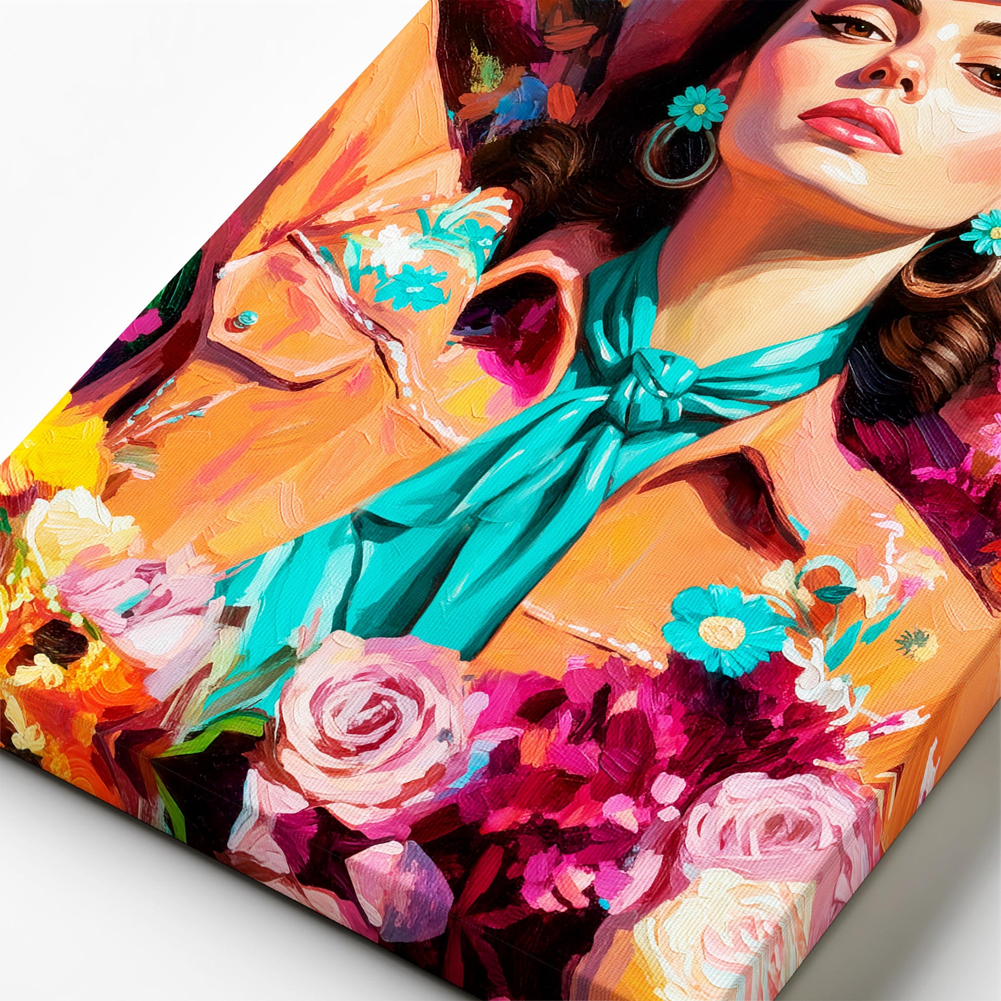 Close up of canvas texture showing thick brush strokes and vibrant colors in western cowgirl portrait painting