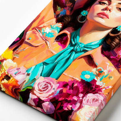 Close up of canvas texture showing thick brush strokes and vibrant colors in western cowgirl portrait painting