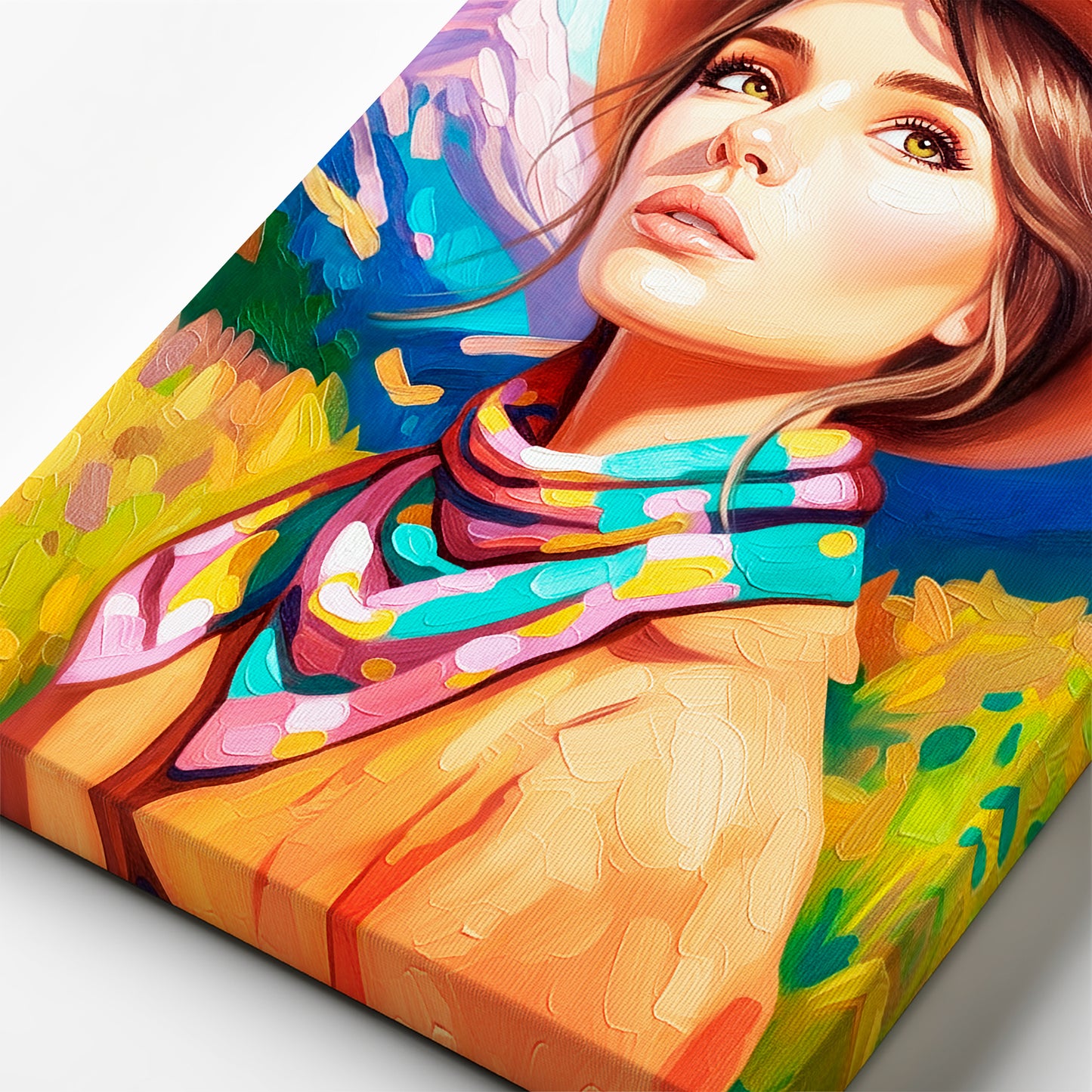 Close-up of textured canvas showing brush details in colorful cowgirl painting with desert landscape tones