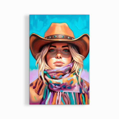 Cowgirl portrait artwork printed on canvas with clean white background, colorful western woman wall art