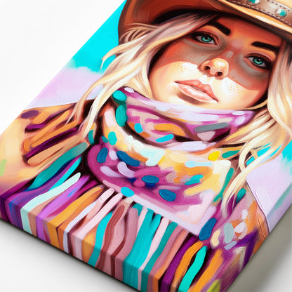 Close-up of textured brushstrokes in colorful cowgirl portrait painting with turquoise background and soft skin tones