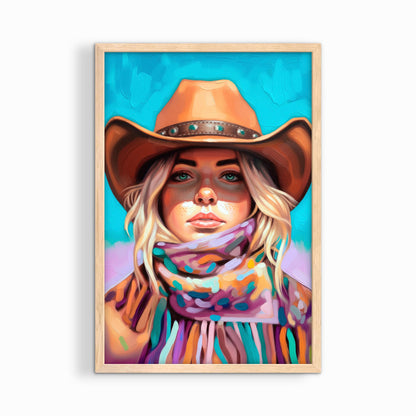 Colorful cowgirl portrait in natural wood frame, western woman wall art for warm rustic home decor