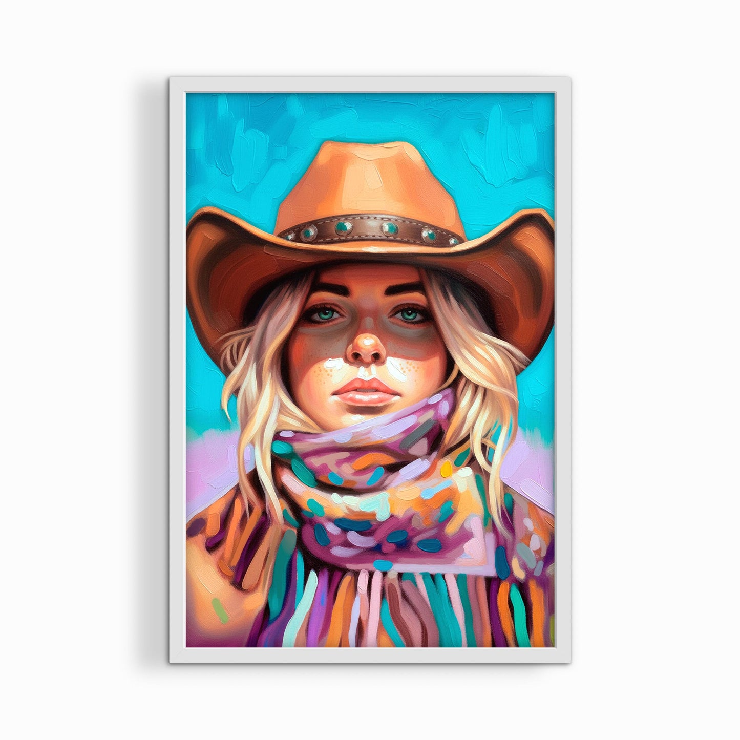 Feminine cowgirl portrait artwork in white frame, bright colorful western decor with turquoise tones