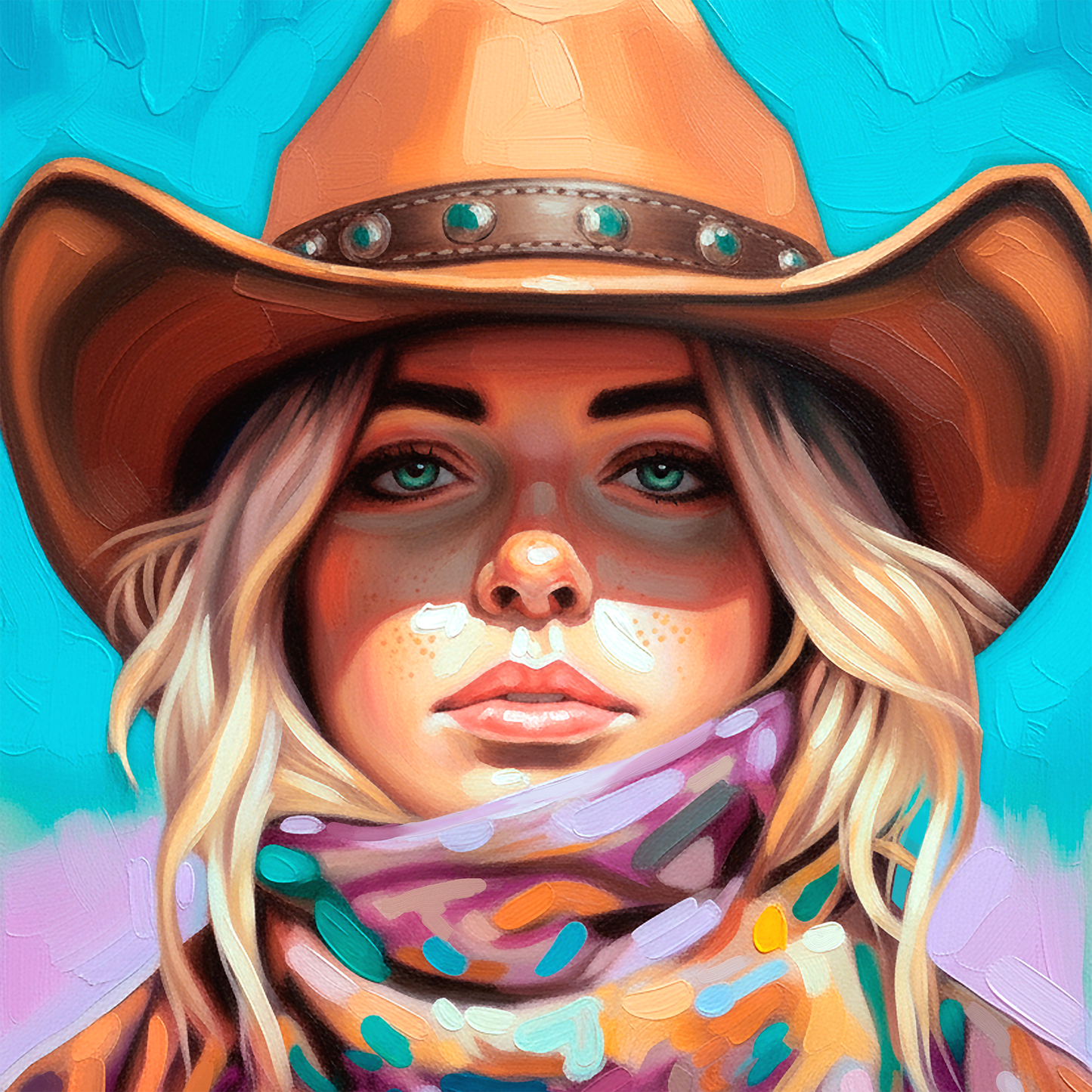 Colorful cowgirl portrait with turquoise background and western hat, feminine western wall art with bold modern style