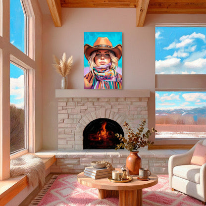 Colorful western cowgirl portrait styled above a fireplace, feminine western decor with bold turquoise background