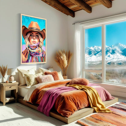 Cowgirl portrait artwork displayed in a cozy bedroom, colorful western woman wall art with turquoise and warm desert tones