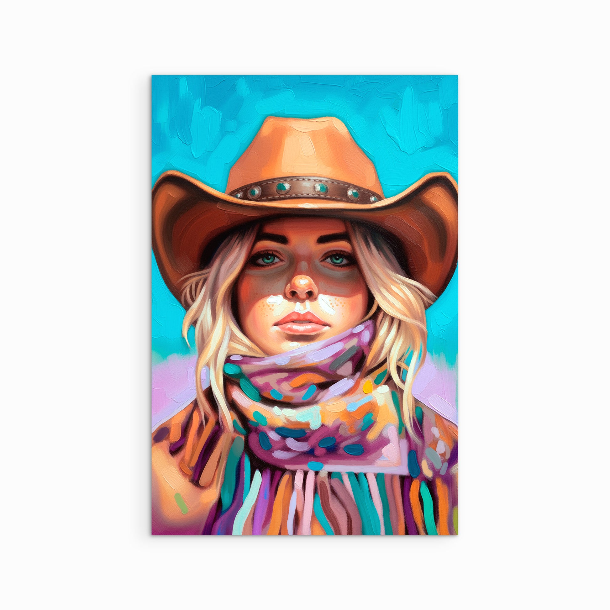 Colorful cowgirl portrait art print with a wide brim hat and patterned scarf in a modern western style