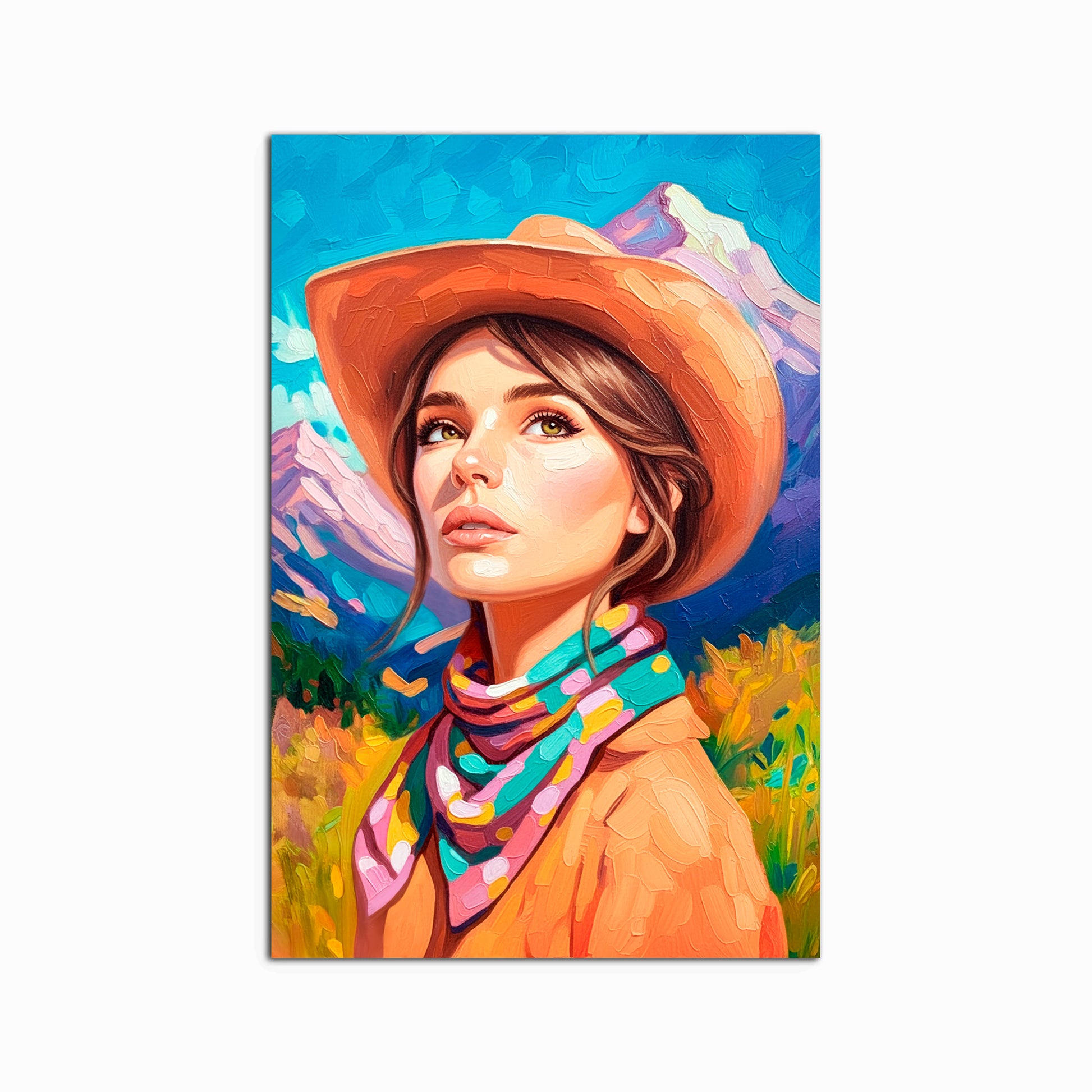 Colorful cowgirl portrait art print with western hat and mountain landscape, feminine western wall decor on fine art paper
