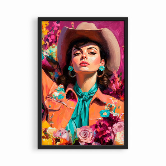 Western cowgirl portrait painting in black frame isolated on white background