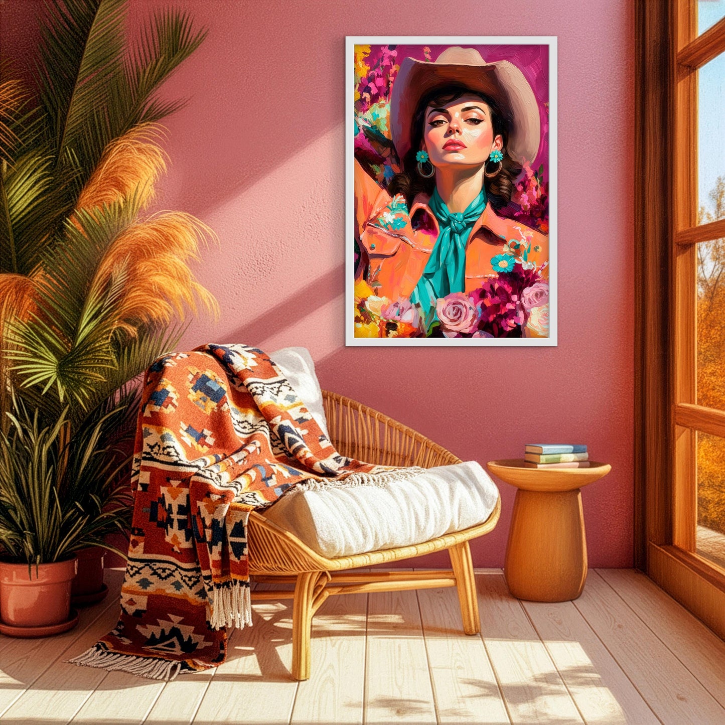 Colorful cowgirl portrait wall art styled above woven chair with pink wall, southwestern decor, and warm natural light