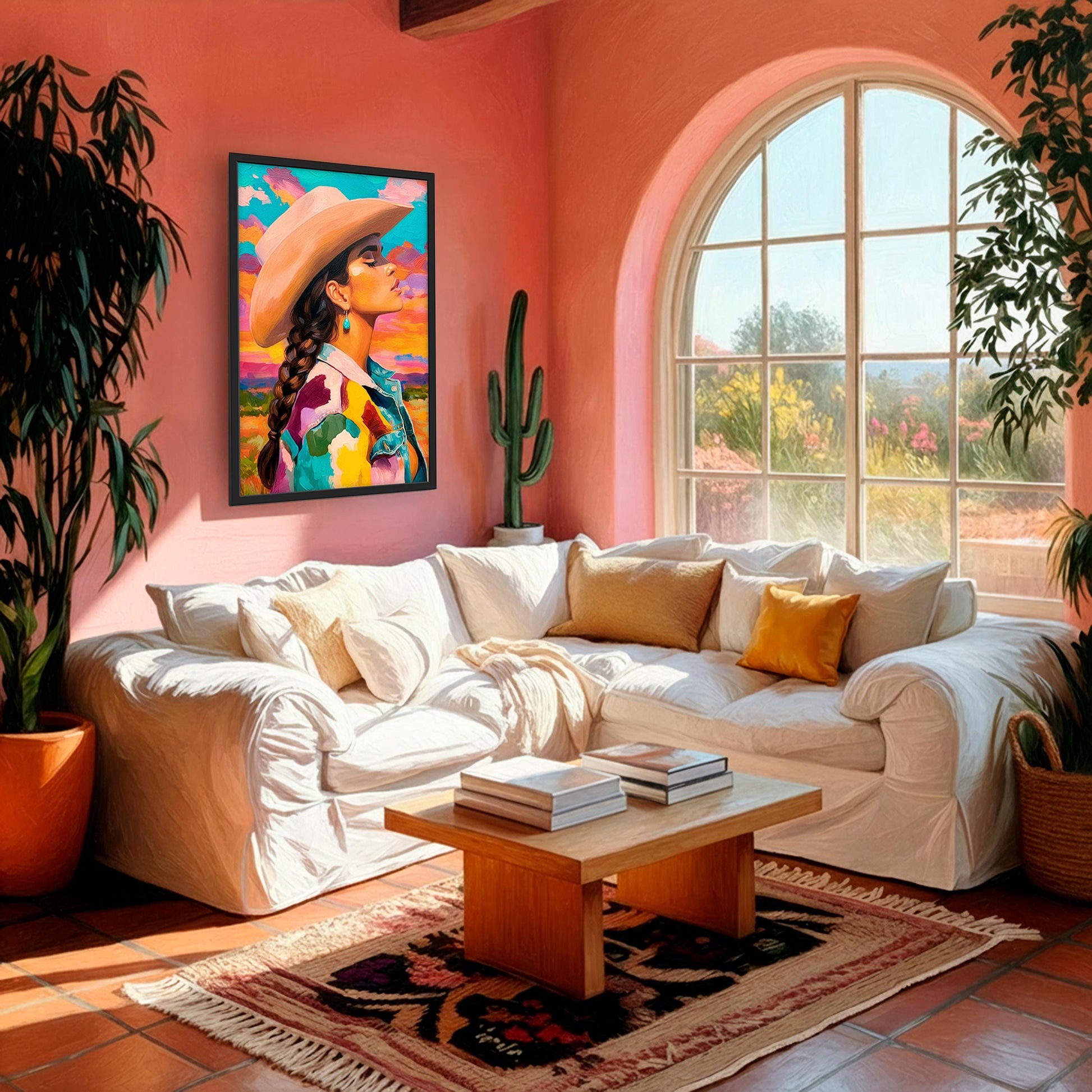 Colorful cowgirl portrait wall art displayed in a bright southwestern living room with white sofa, arched window, and desert landscape view
