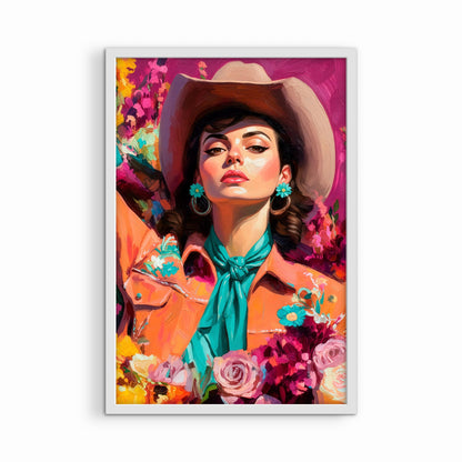 Western cowgirl portrait wall art in white wood frame isolated on white background