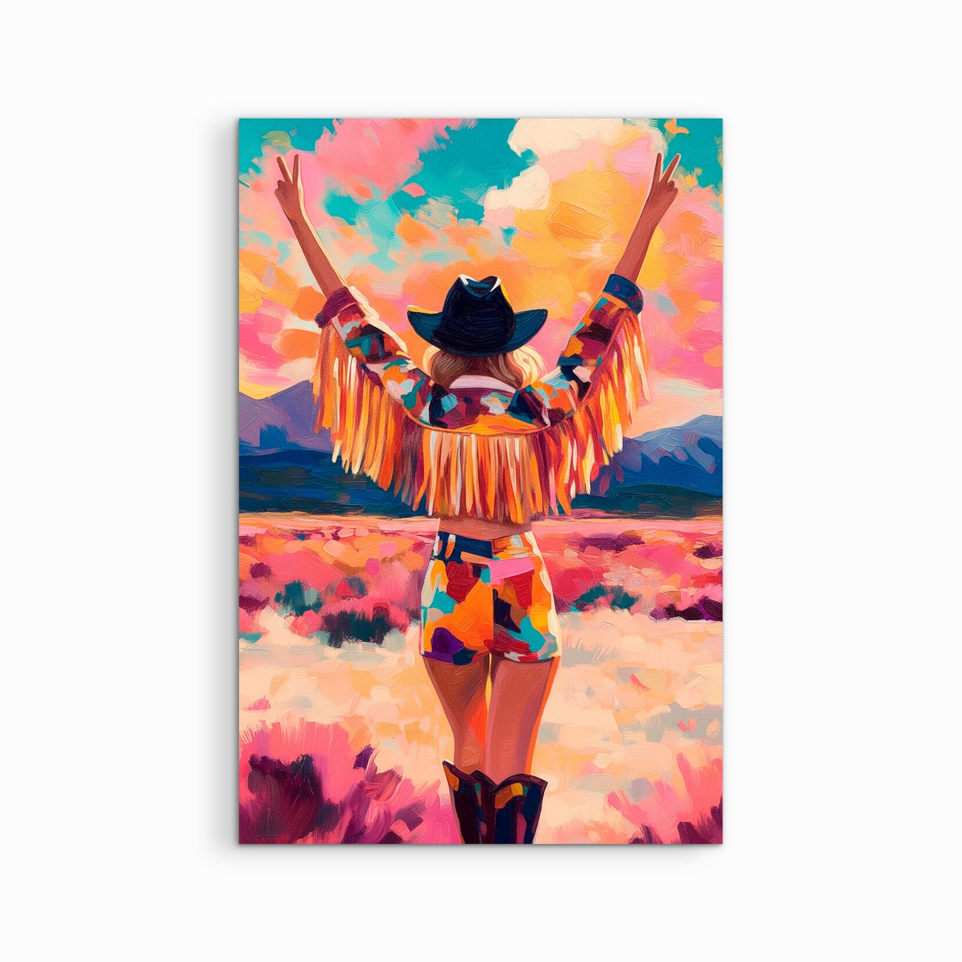 Colorful cowgirl western canvas wall art print on white background, modern desert landscape artwork