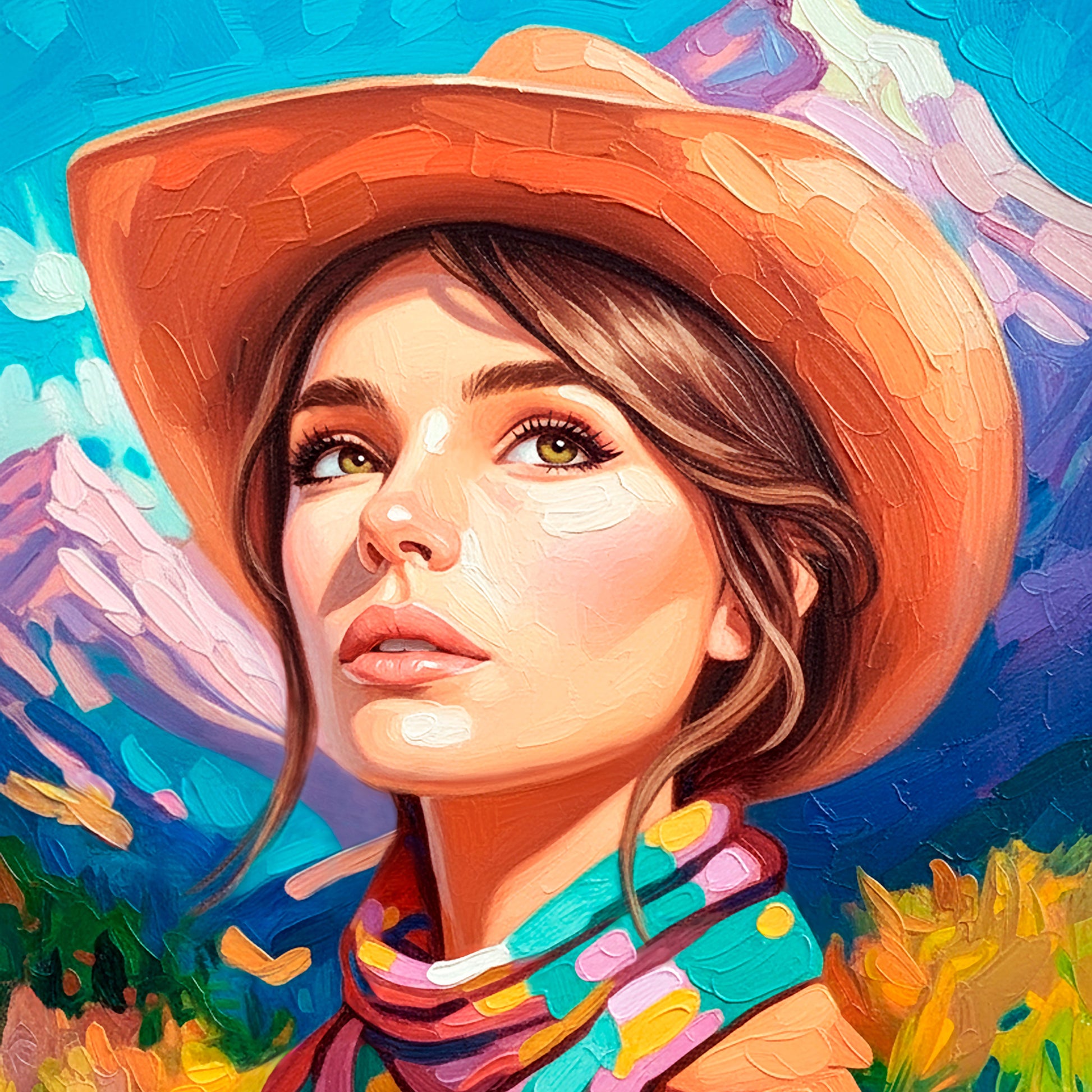 Western cowgirl portrait with colorful desert mountains and turquoise sky, feminine western wall art print