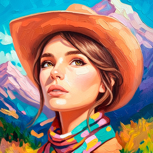 Western cowgirl portrait with colorful desert mountains and turquoise sky, feminine western wall art print
