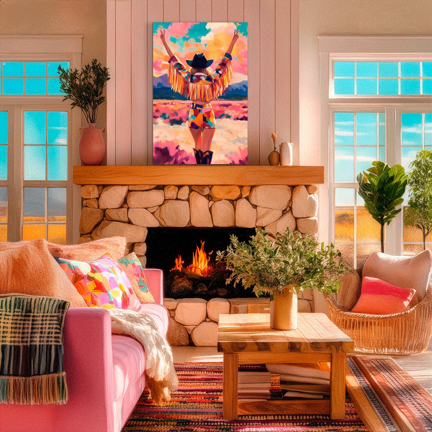 Colorful cowgirl western wall art displayed above fireplace in cozy living room, modern western home decor with warm tones