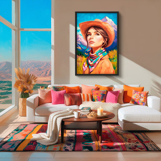 Colorful cowgirl wall art styled in modern living room with warm tones and bright decor, western home interior inspiration