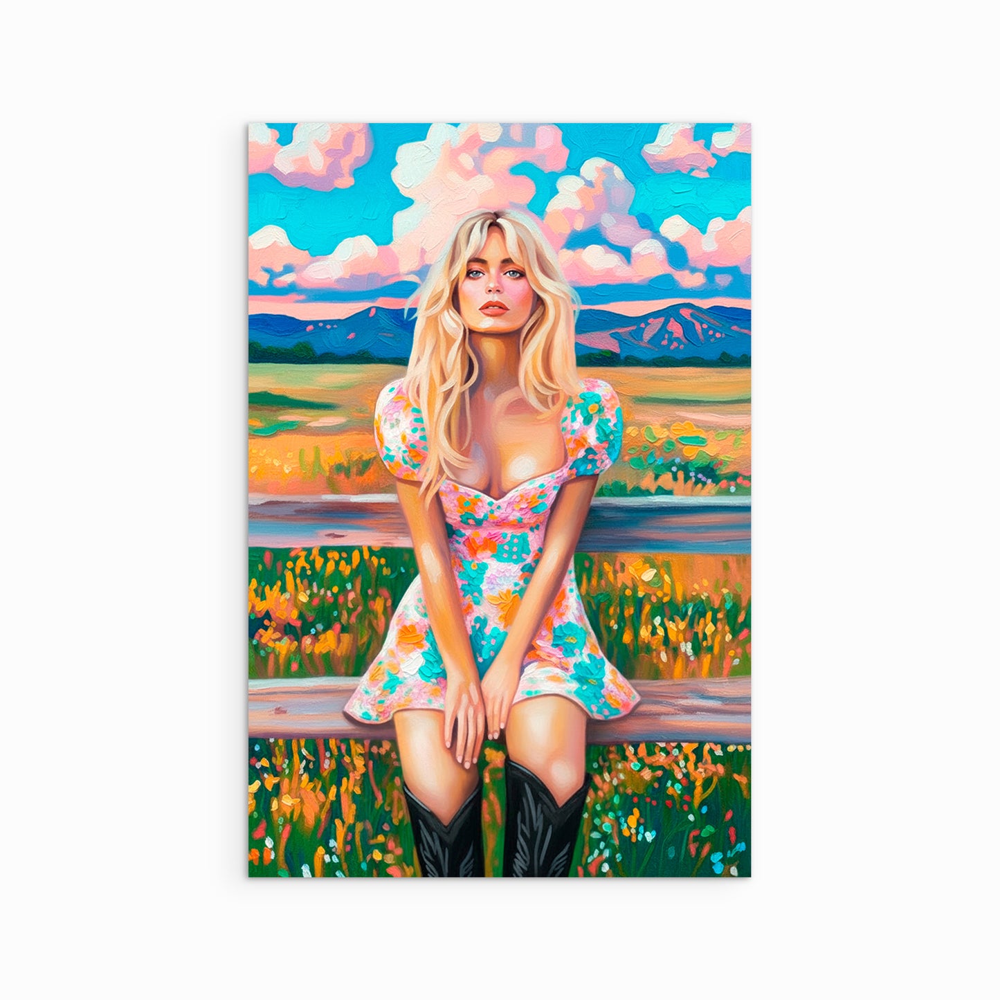Colorful cowgirl portrait art print in wildflower field with western boots and soft landscape, feminine western wall decor on fine art paper