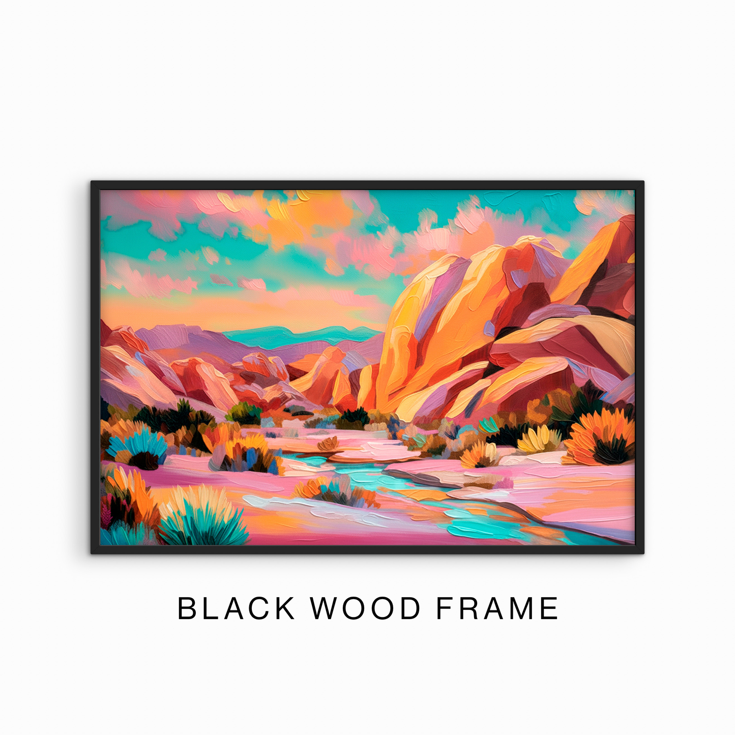 Black wood framed colorful canyon wall art with vibrant desert landscape painting and modern boho southwestern style