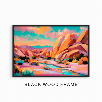 Black wood framed colorful canyon wall art with vibrant desert landscape painting and modern boho southwestern style