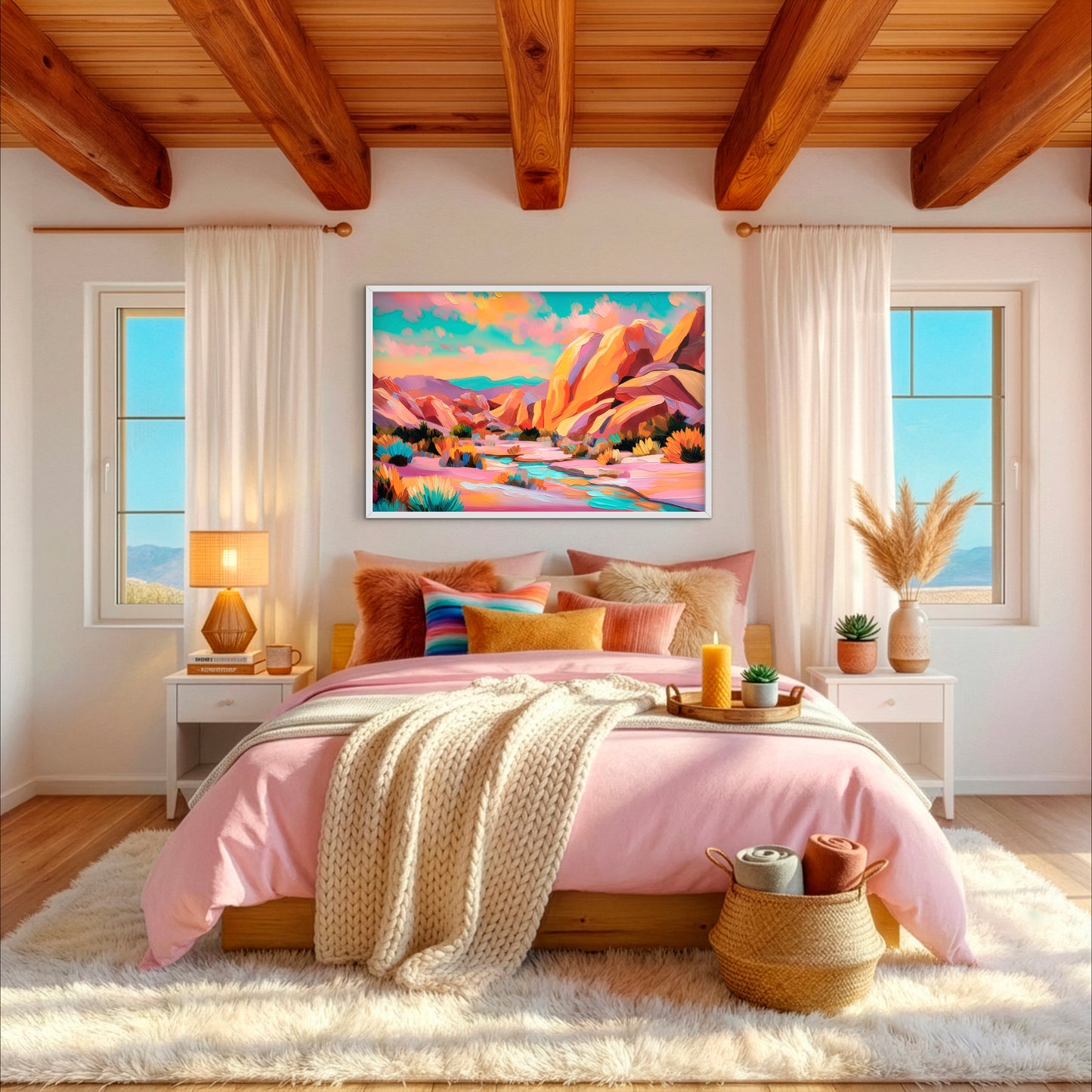 Modern desert landscape wall art displayed above cozy bed with pink bedding, colorful southwestern canyon painting in warm boho bedroom