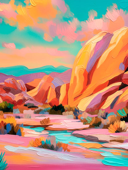 Colorful desert landscape wall art featuring glowing canyon cliffs, turquoise skies, and flowing water in a modern southwestern painting style