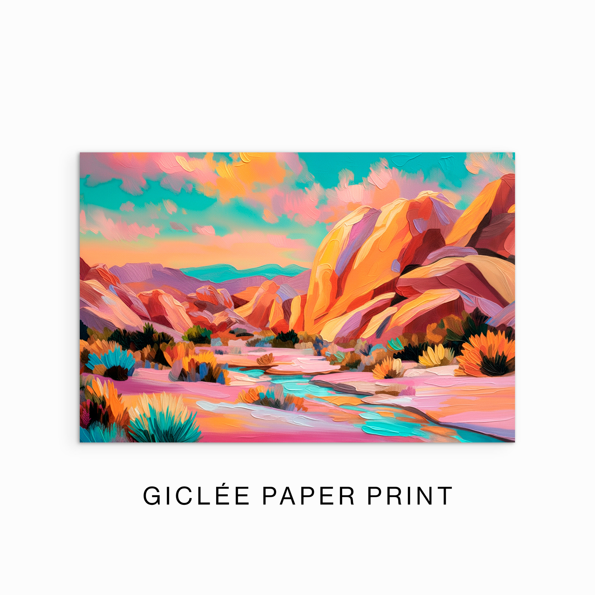 Colorful desert landscape giclée paper print with modern southwestern canyon artwork on clean white background