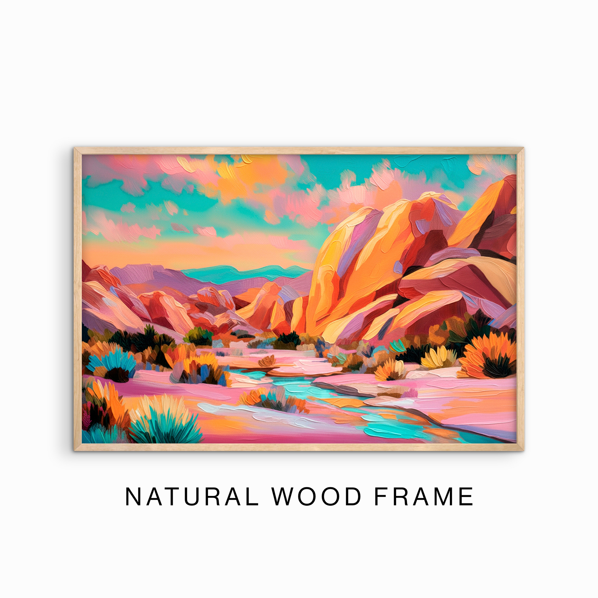Natural wood framed desert landscape wall art with colorful canyon painting and bright modern southwestern aesthetic