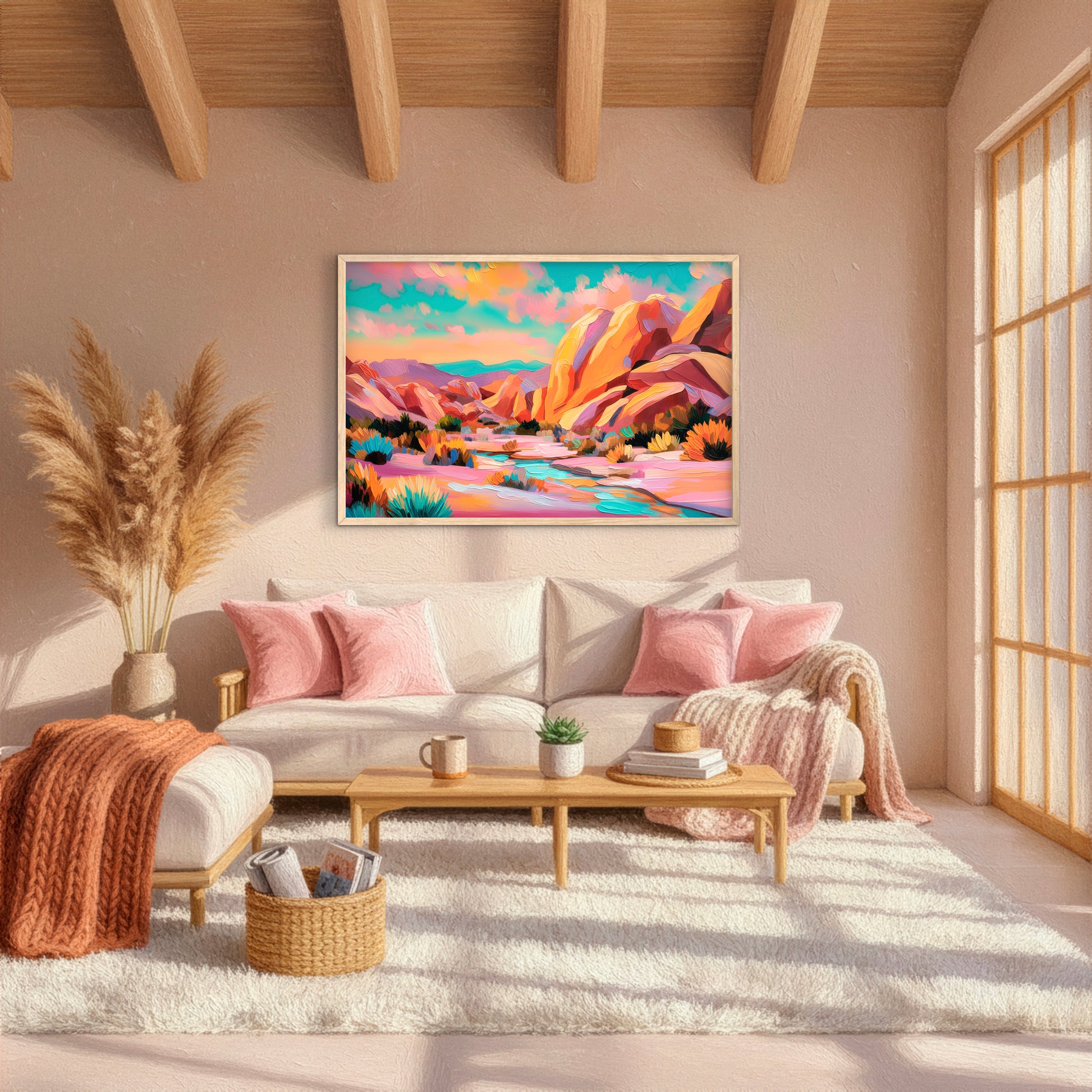 Colorful canyon wall art above neutral sofa in bright boho living room, modern southwestern desert landscape artwork with natural wood frame