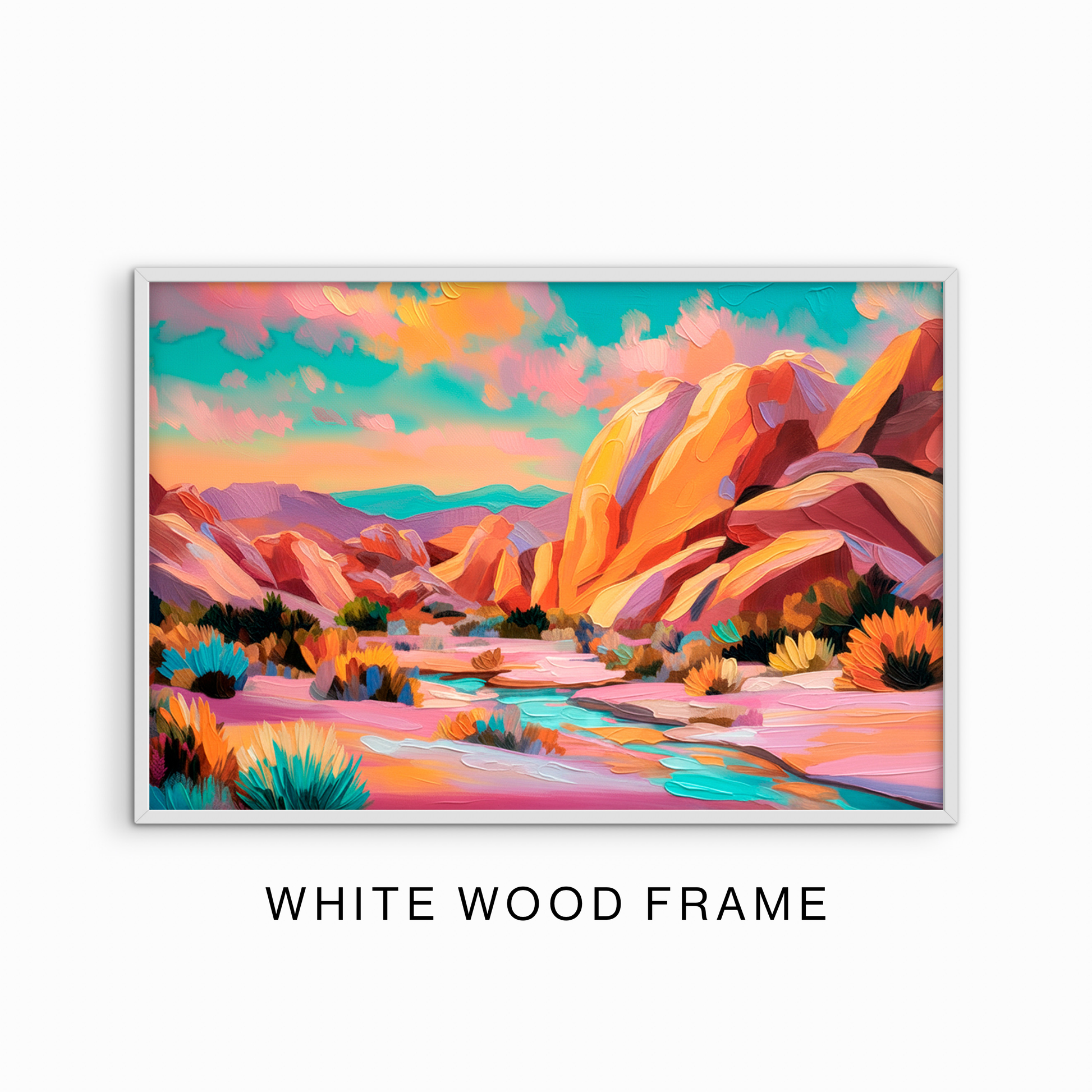 White wood framed desert landscape wall art featuring colorful canyon scenery and modern southwestern decor style