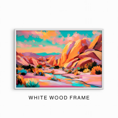 White wood framed desert landscape wall art featuring colorful canyon scenery and modern southwestern decor style