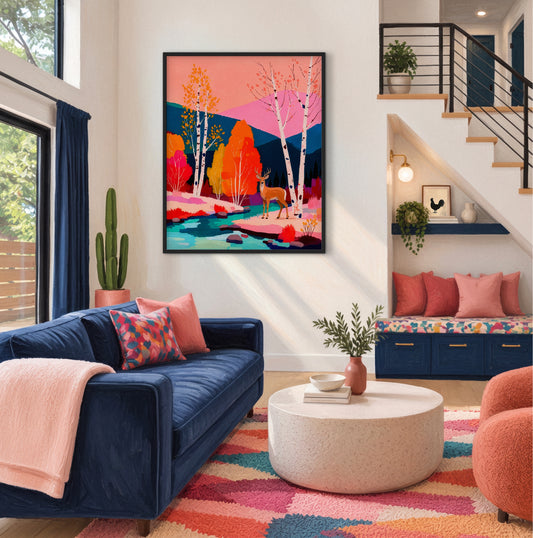 Colorful deer art print styled in a modern western interior with vibrant mountain landscape and southwestern colors