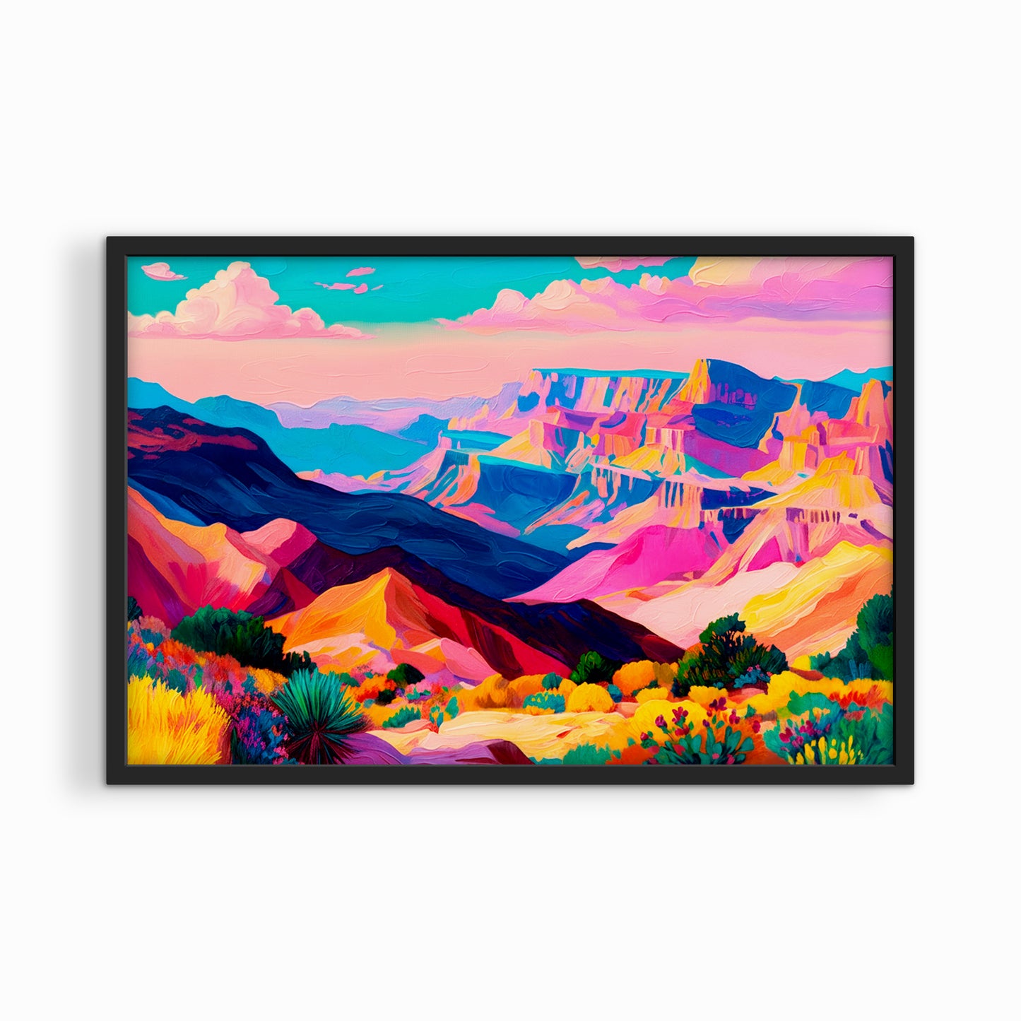 Vibrant desert mesas artwork in a black frame adding contrast to western home decor