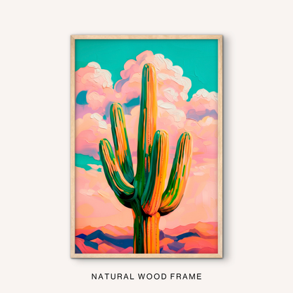 Desert cactus wall art in a natural wood frame with a colorful saguaro, pastel pink sky, turquoise clouds, and southwest landscape style.