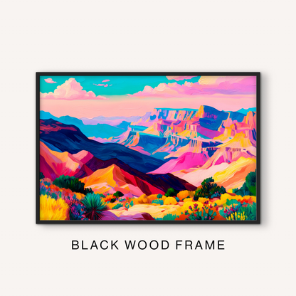 Desert canyon wall art in a natural wood frame with colorful Grand Canyon scenery, pink sky, desert plants, and bold southwest landscape colors.