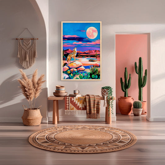 Desert coyote western wall art displayed in boho southwest home decor