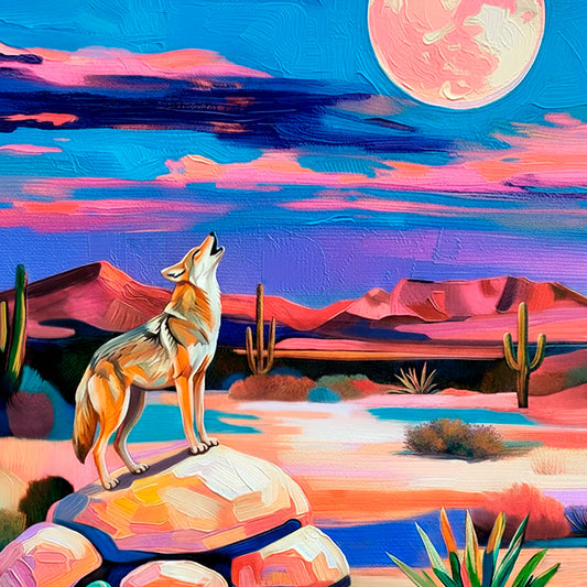 Colorful desert coyote wall art with moonlit sky and southwest landscape