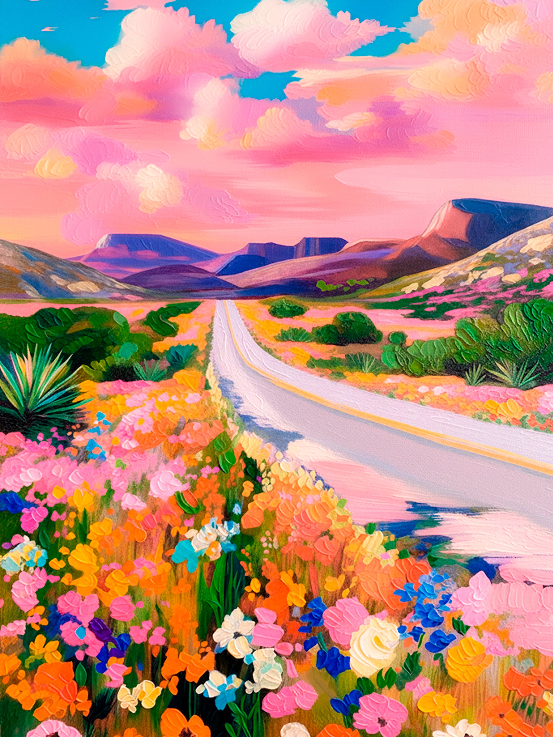 Colorful western landscape wall art featuring a desert highway, wildflowers, pink sky, and distant mesas.