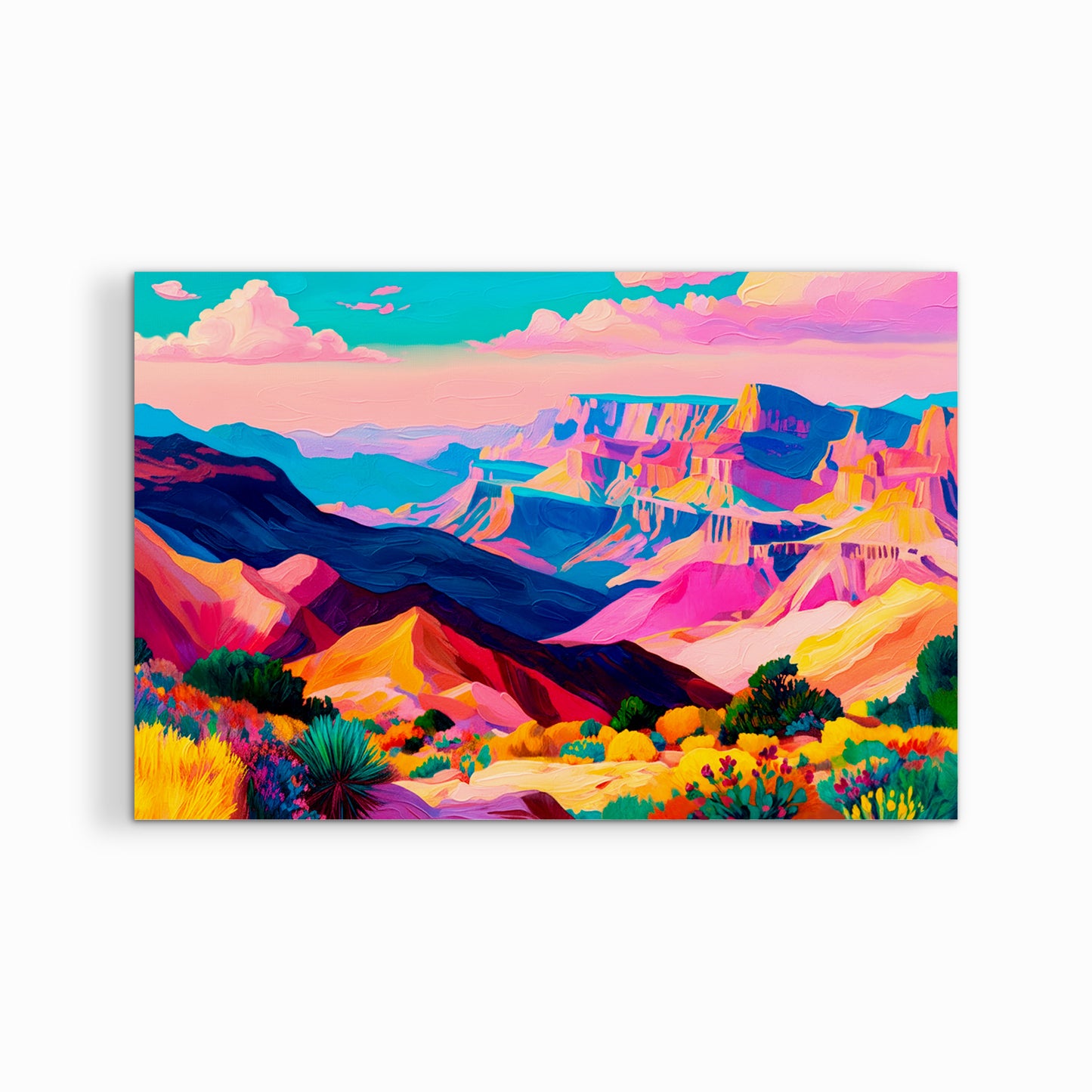 Gallery wrapped canvas print of a colorful desert mesas landscape on a clean white background