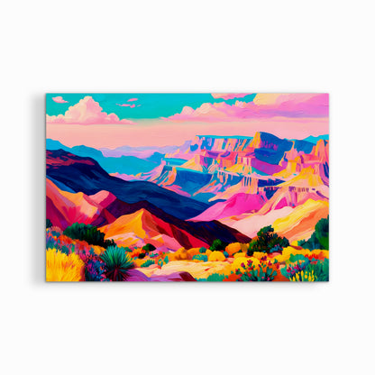 Gallery wrapped canvas print of a colorful desert mesas landscape on a clean white background