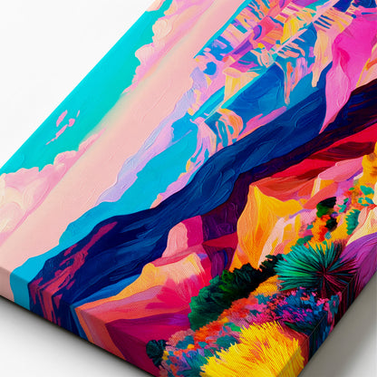 Close-up of colorful desert landscape canvas showing painterly texture and vibrant pink and turquoise tones