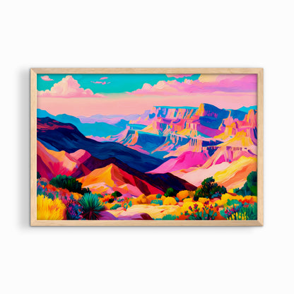 Colorful desert landscape print in a natural wood frame for warm southwestern style interiors