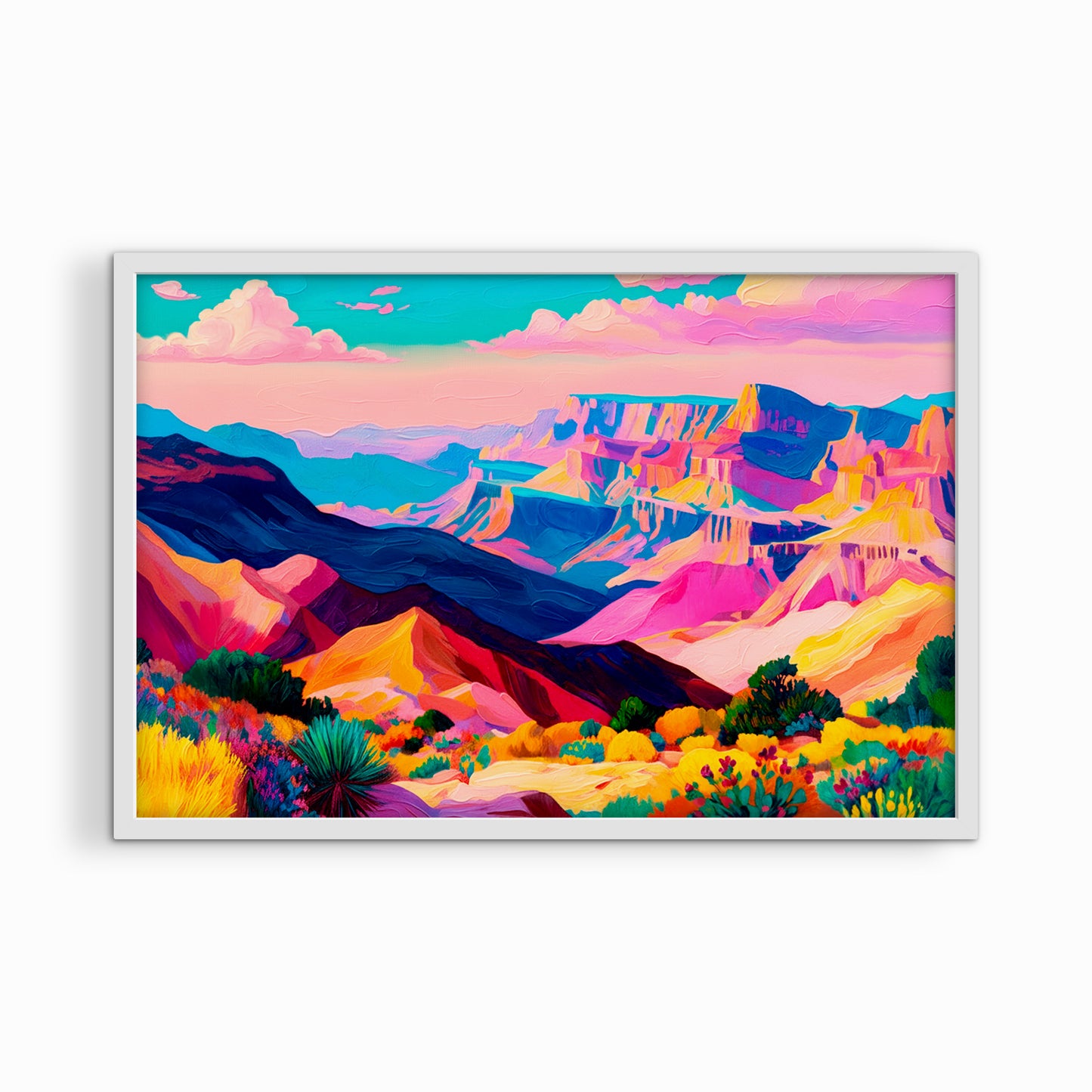 Colorful desert landscape wall art in a white frame with a modern western aesthetic