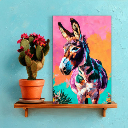 Vibrant donkey canvas print styled on a shelf with potted cactus, modern desert boho home decor