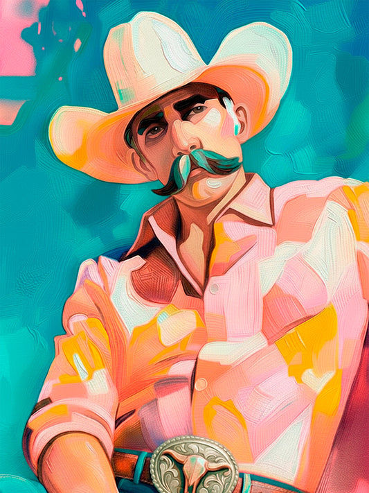 Colorful cowboy portrait wall art featuring a western rancher in a white hat with turquoise, pink, peach, and coral abstract brushwork