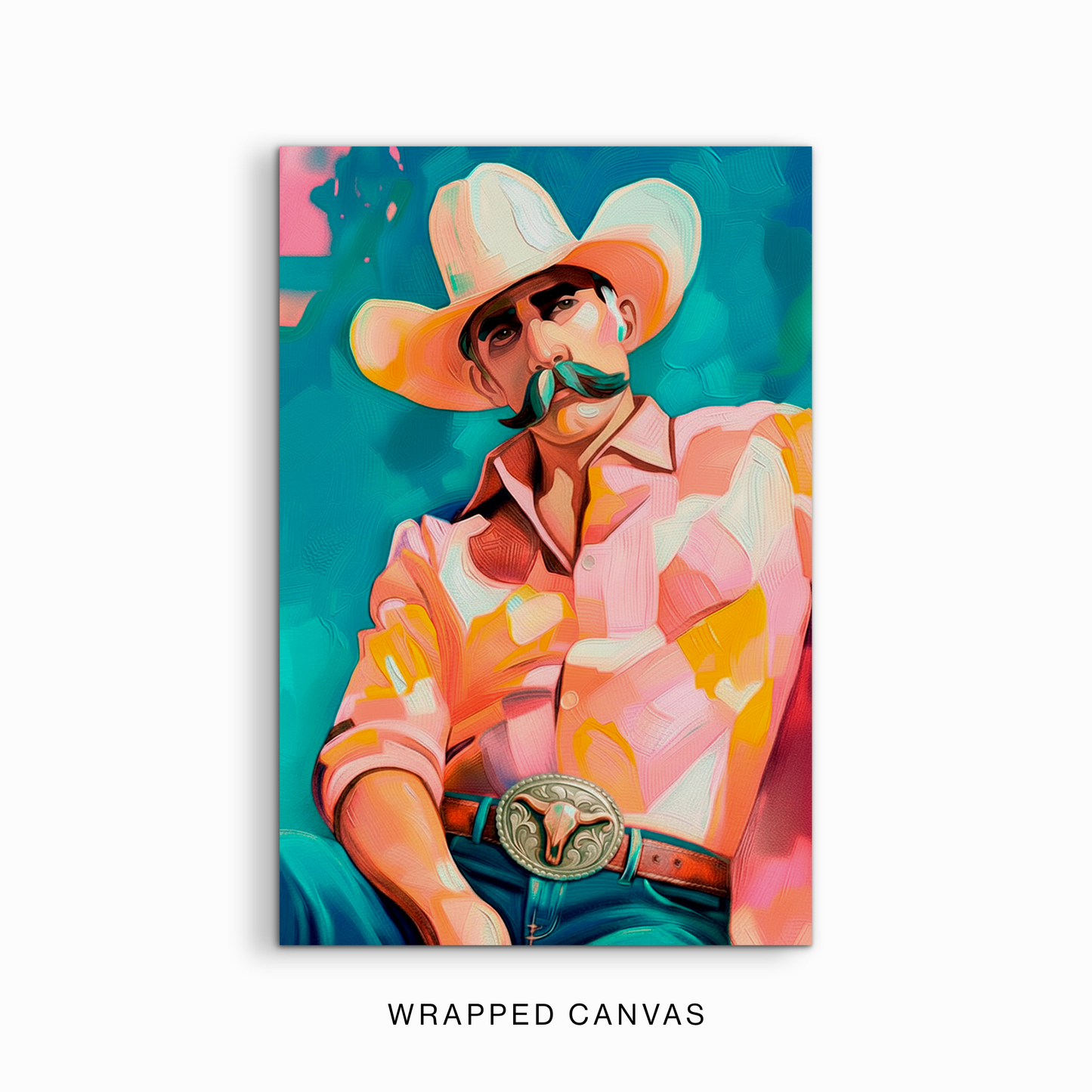 Modern western cowboy portrait artwork displayed as a gallery wrapped canvas with bold turquoise and coral tones