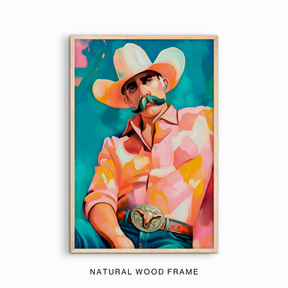 Colorful cowboy portrait wall art in a natural wood frame with modern western and boho decor style